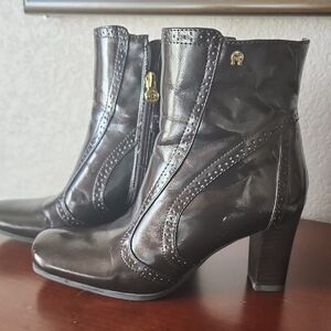 Adrienne Vittadini Brown Heeled Boots with Elegant Stitching, Brand New, Not Use